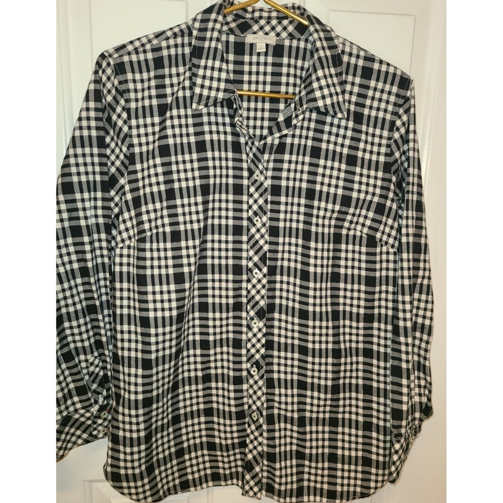 Talbots Black White Silver‎ Metallic Plaid Button Down Shirt Women's Med Preppy